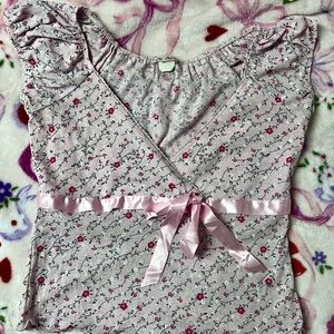 Pink Floral Ribbon Tie Top Vintage Y2K